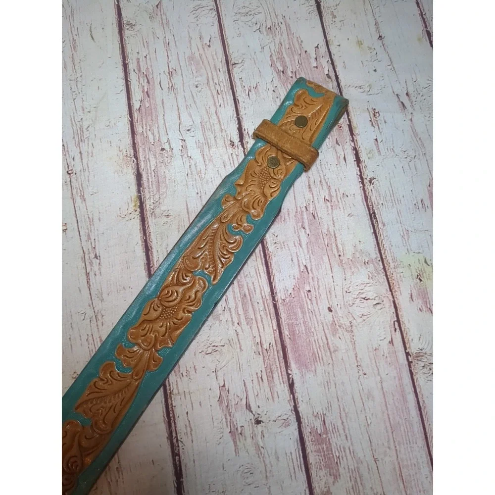 Youth Justin Western Turquoise & Brown Tooled Leather‎ Rodeo Cowboy Belt Sz M 32
